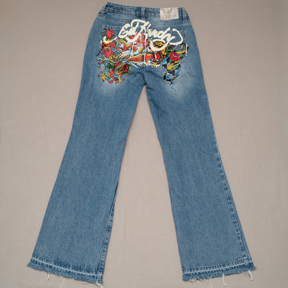 Vintage Y2k Low Rise‎ Flare Ed Hardy Tattoo Denim Jeans Open Hem Womens 26